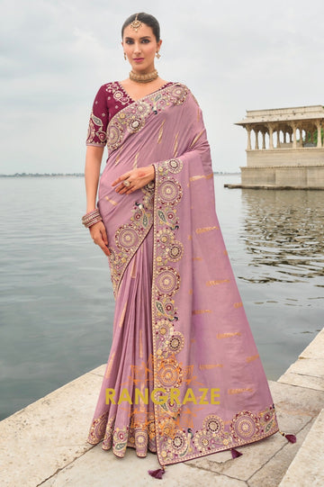 Royal Orchid Glow: Designer Embroidered Silk Saree