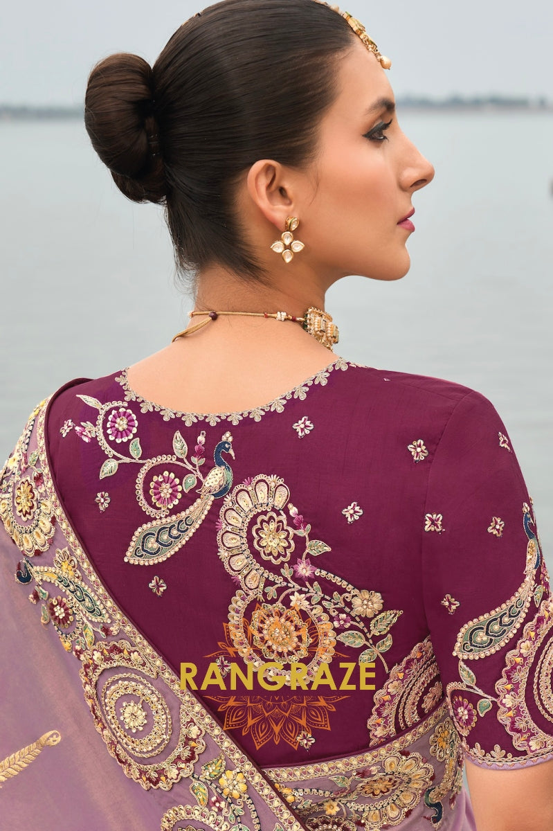 Royal Orchid Glow: Designer Embroidered Silk Saree