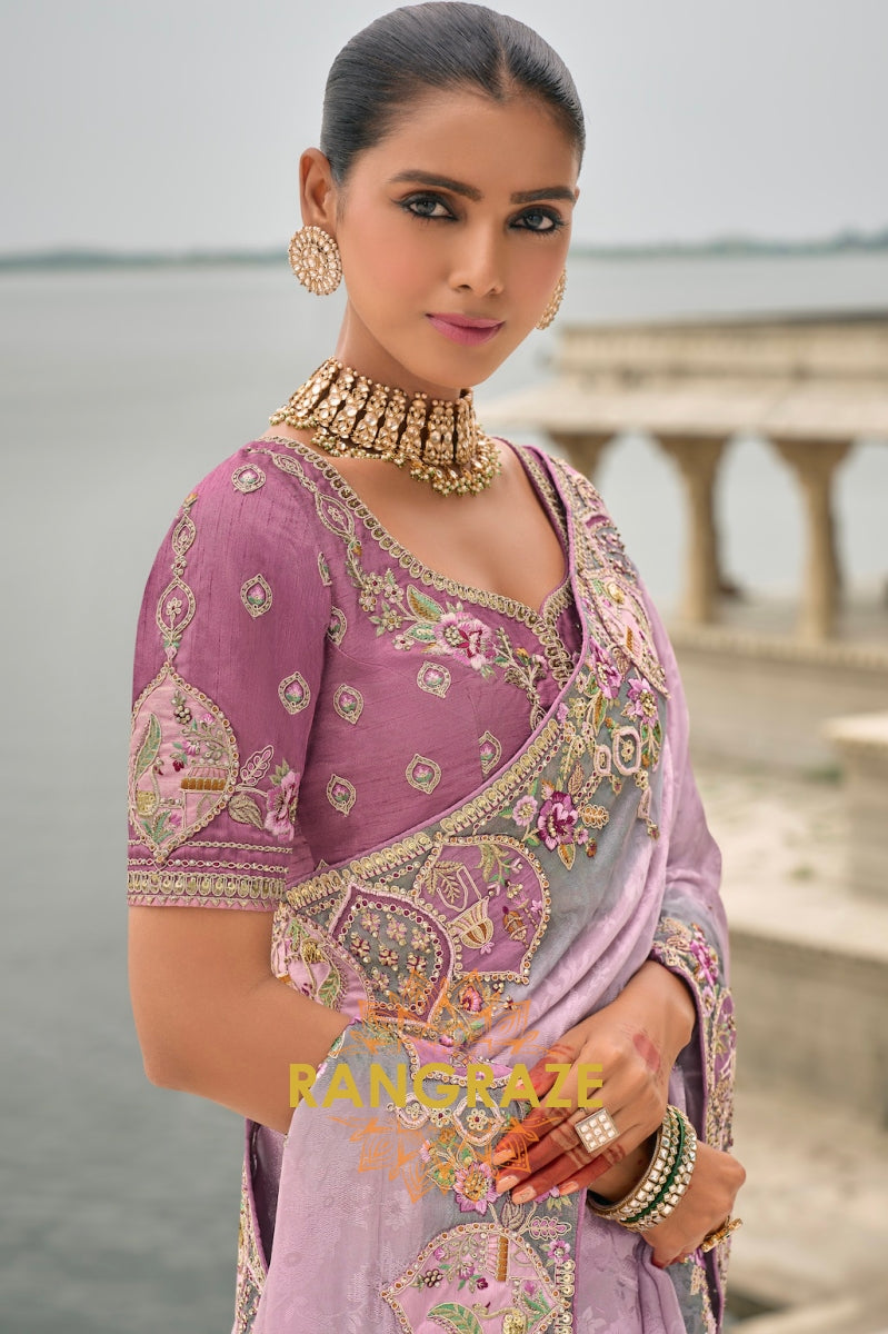 Designer Lilac Opulence: Silk Saree with Exquisite Handcrafted Embroidery