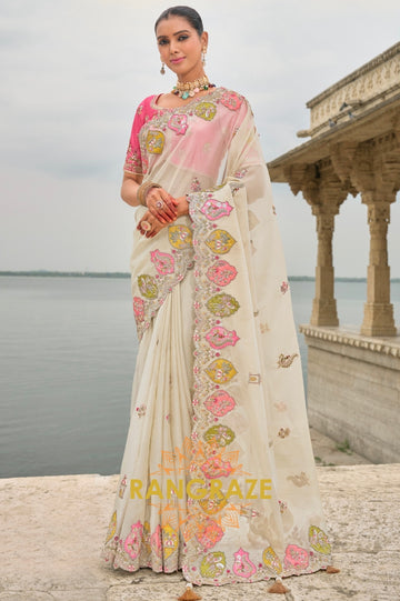 Designer Ivory Bloom: Tissue Silk Saree with Handcrafted Embroidery