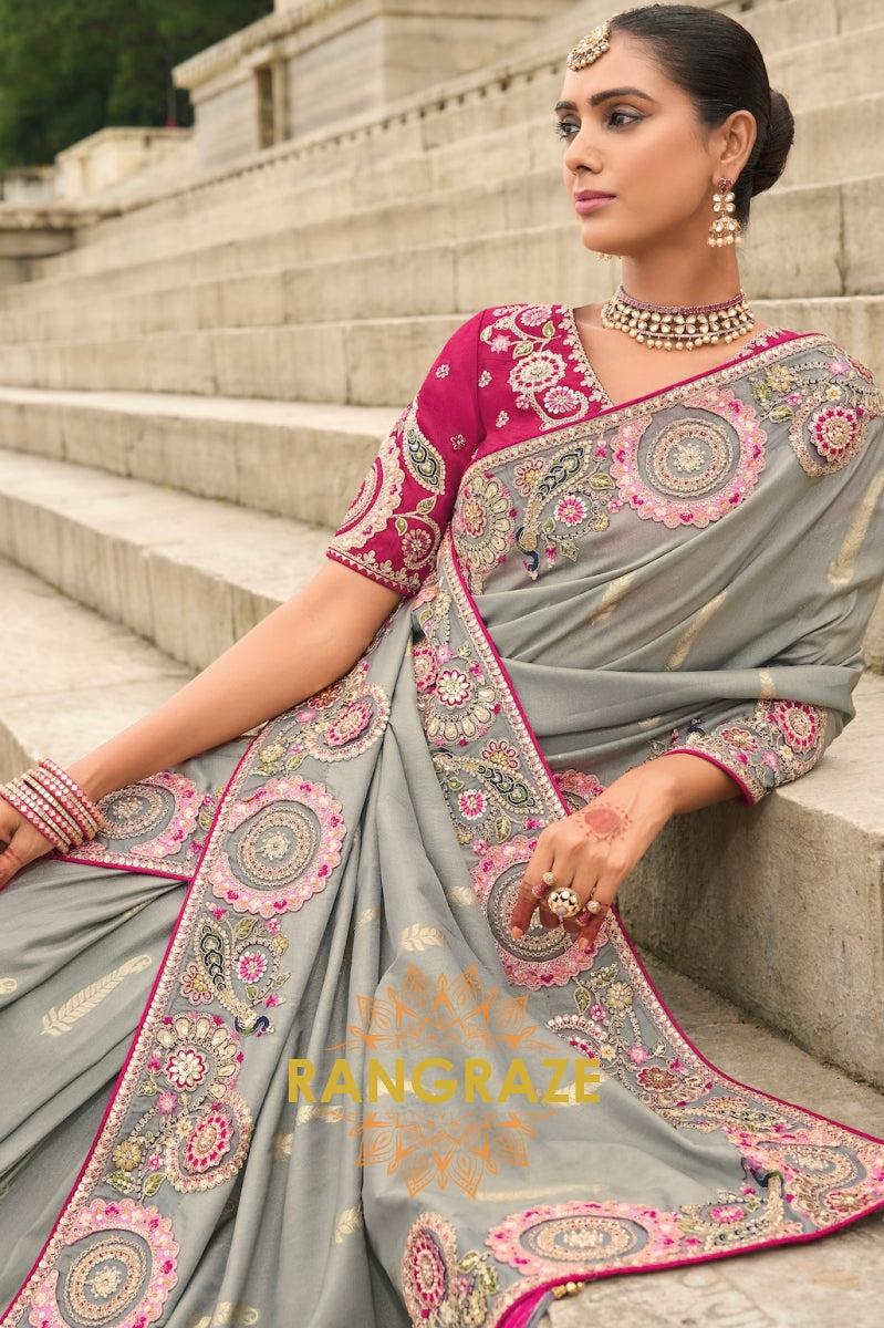 Pearl Grey Radiance: Embroidered Silk Saree with Zari Accents