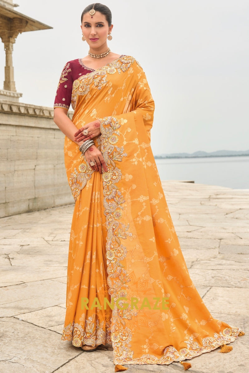 Golden Sunset Glow: Designer Embroidered Silk Saree