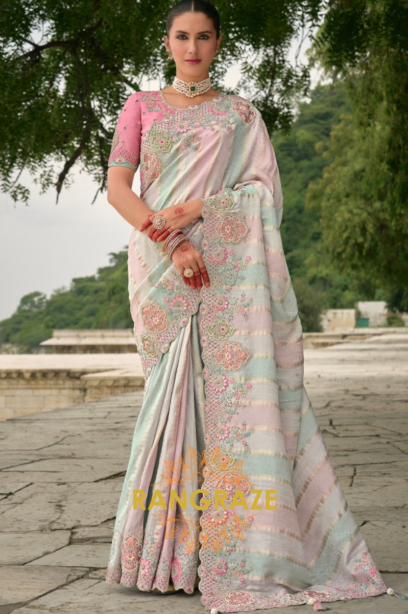 Designer Pastel Royale: Silk Saree with Handcrafted Embroidery