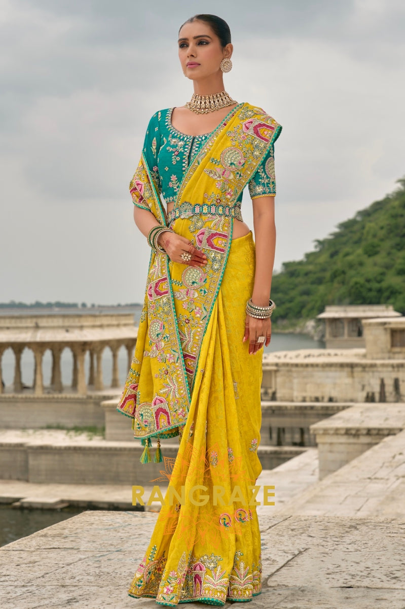 Designer Golden Meadow: Silk Saree with Handcrafted Embroidery