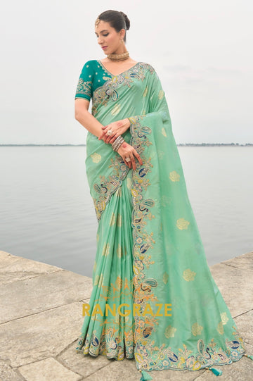 Mint Green Elegance: Handcrafted Silk Saree with Exquisite Embroidery