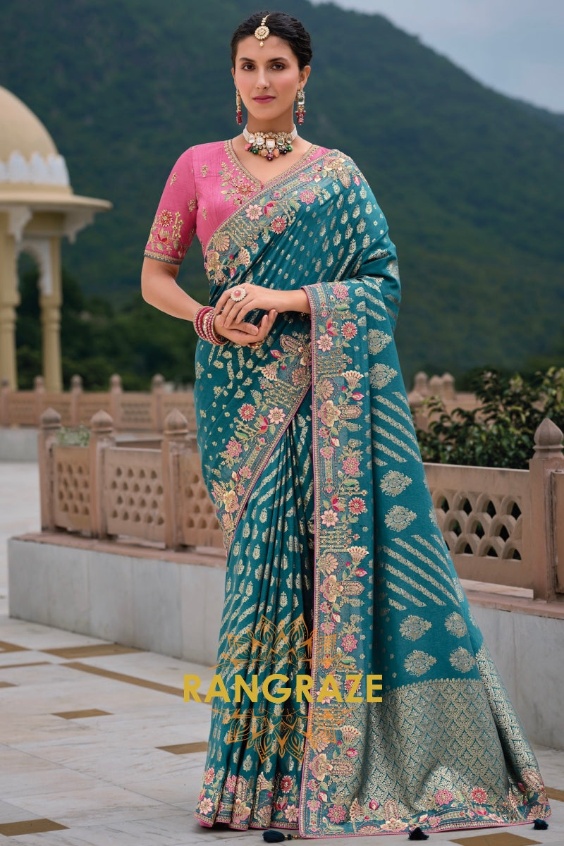 Enchanted Teal Blossom Silk Saree