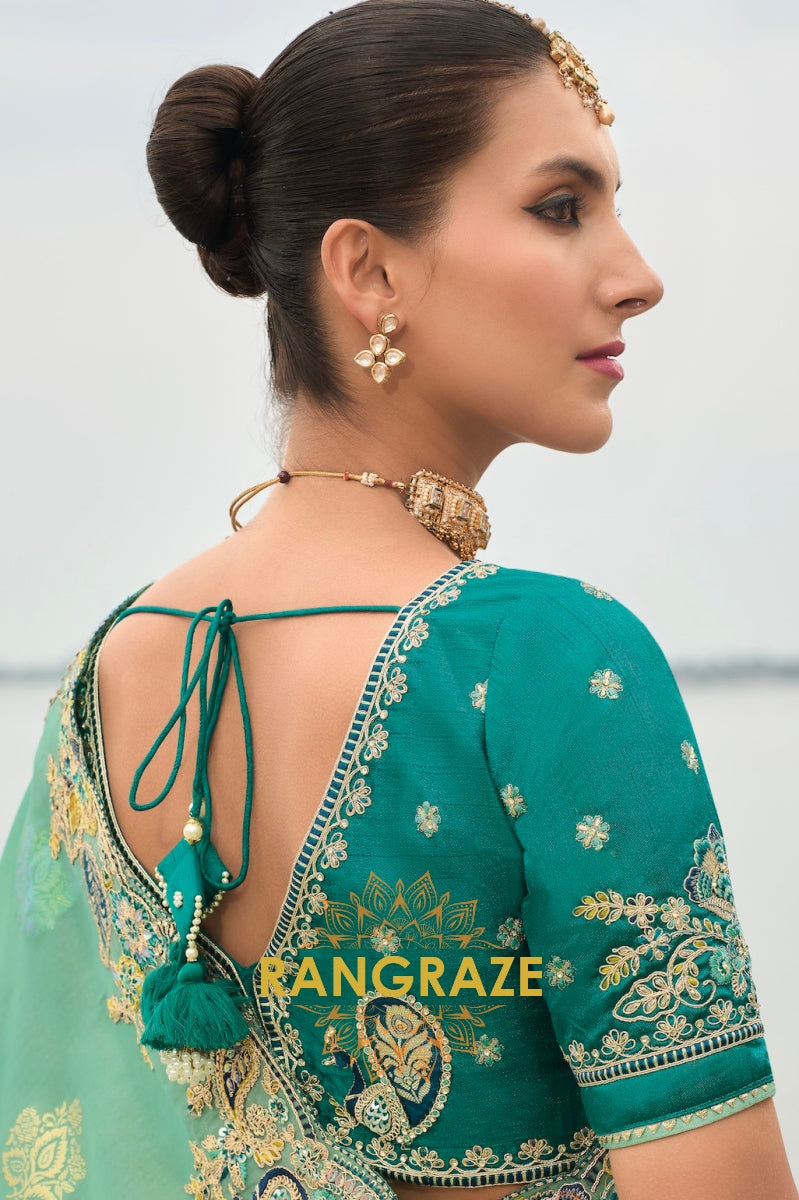 Mint Green Elegance: Handcrafted Silk Saree with Exquisite Embroidery