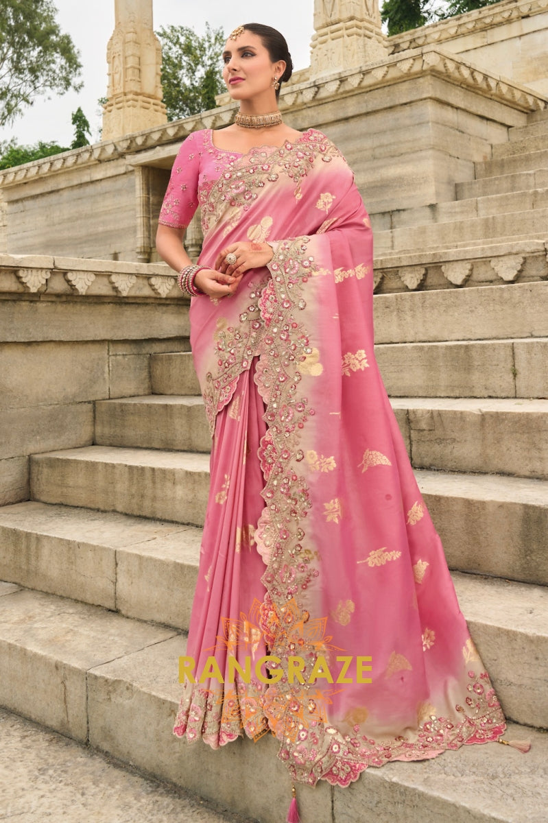 Blush Bloom: Designer Embroidered Silk Saree