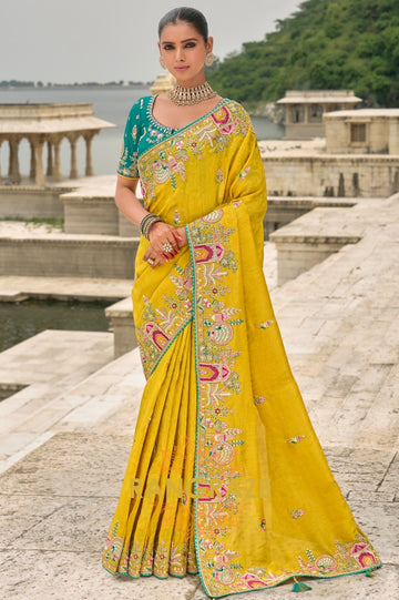 Designer Golden Meadow: Silk Saree with Handcrafted Embroidery