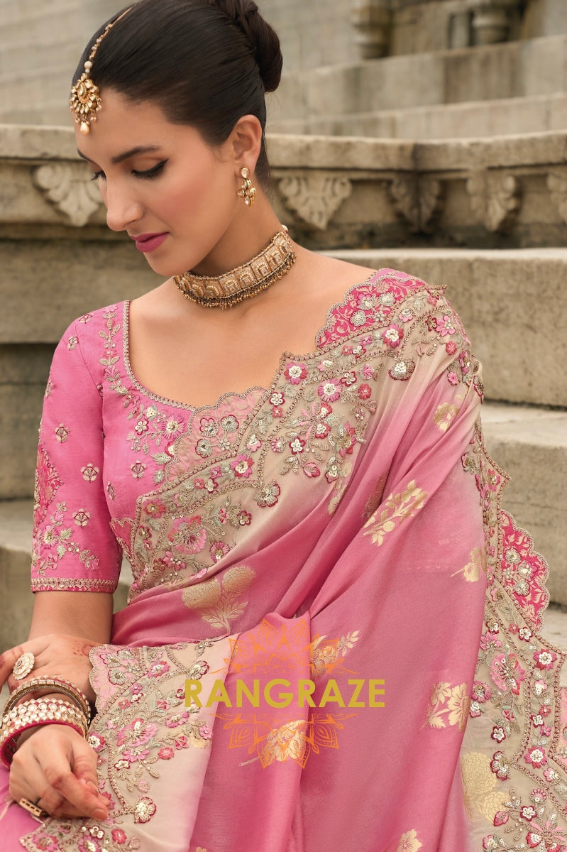 Blush Bloom: Designer Embroidered Silk Saree