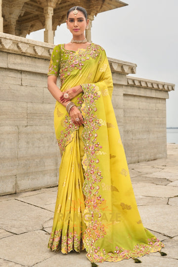 Enchanted Lime Blossom Designer Embroidered Silk Saree