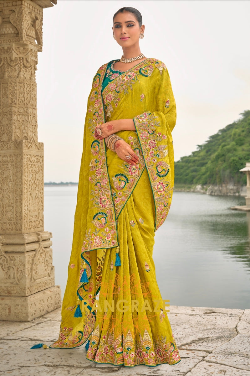 Designer Mehendi Bloom: Silk Saree with Handcrafted Embroidery