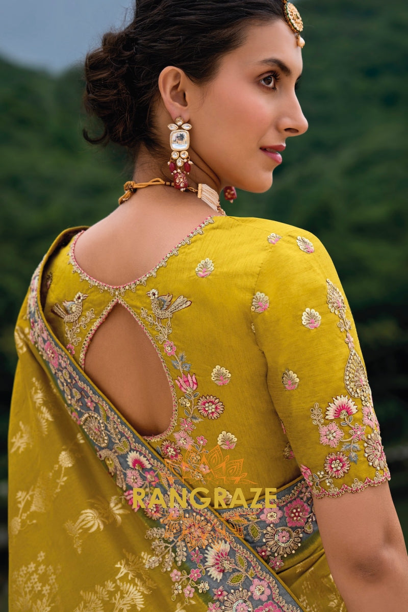 Heritage Bloom Silk Saree in Mustard & Slate Grey