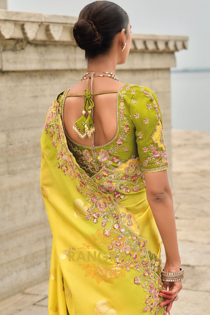 Enchanted Lime Blossom Designer Embroidered Silk Saree