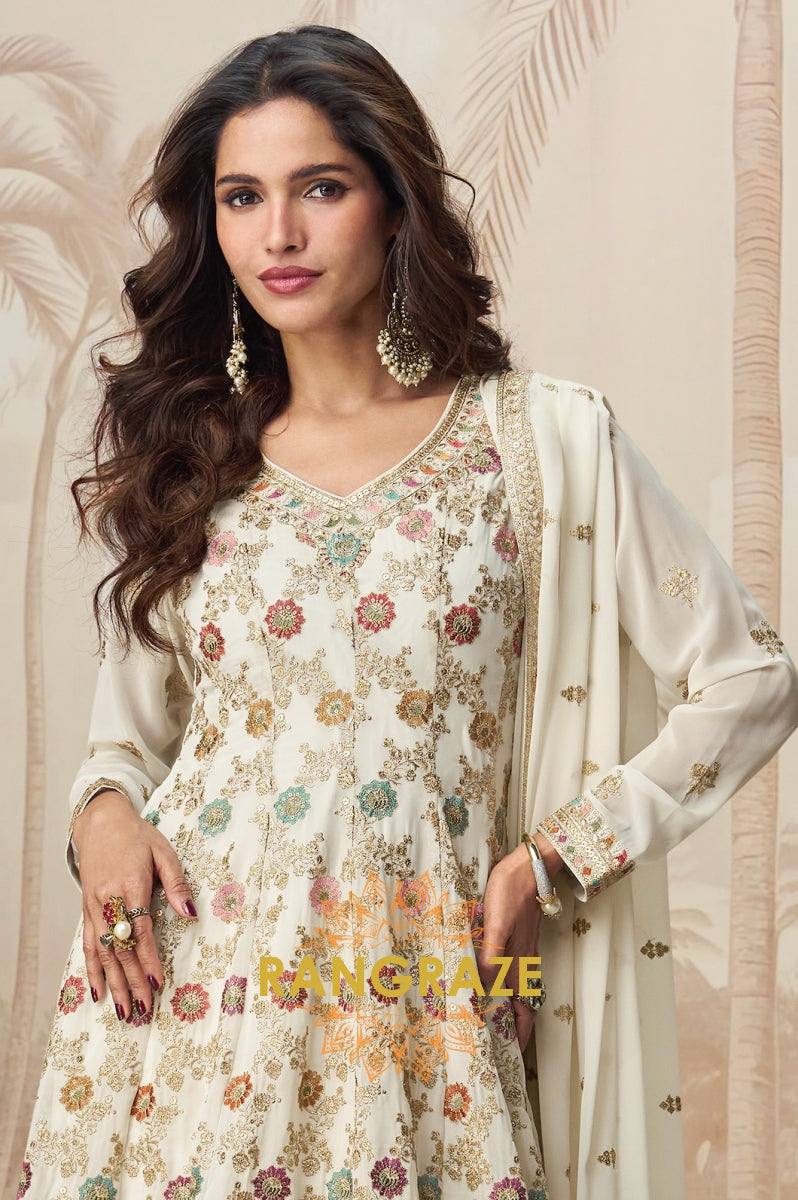 Ivory Multicolor Embroidered Sharara Suit Set