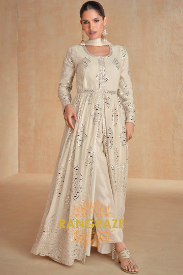 Ivory Mirror Work Slit Suit Set