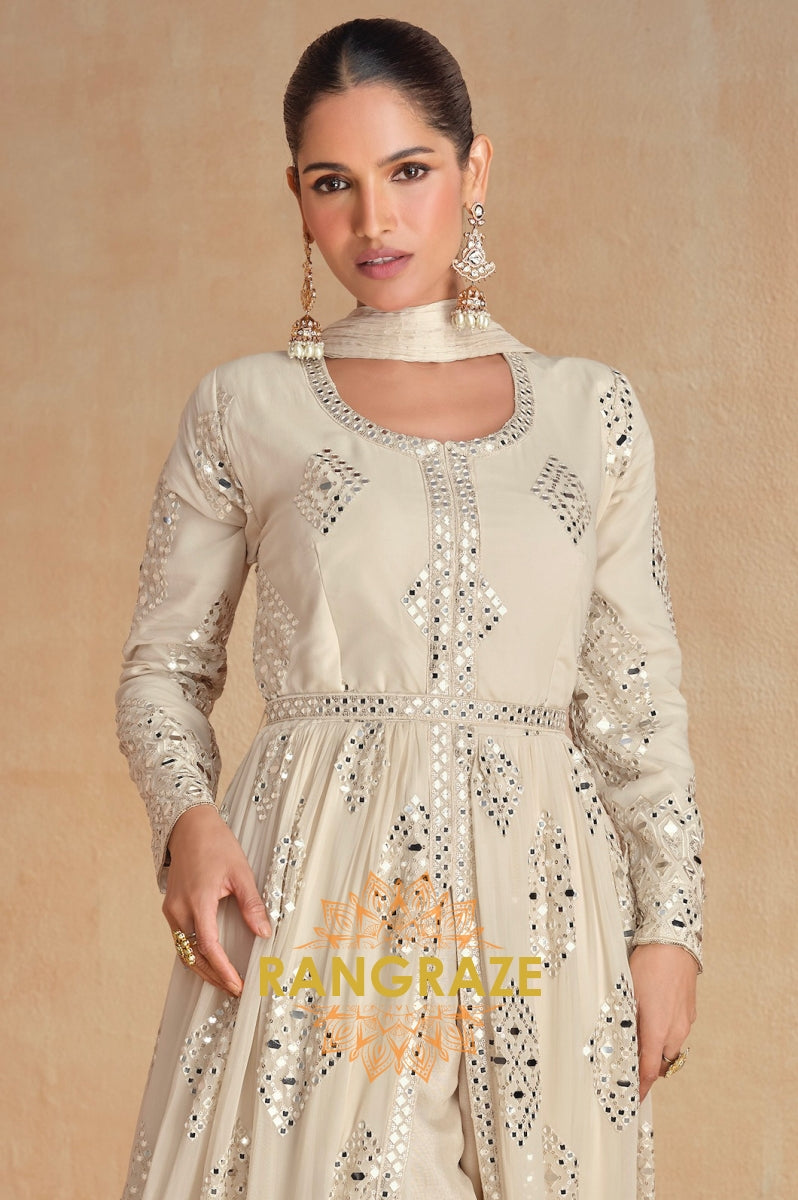 Ivory Mirror Work Slit Suit Set