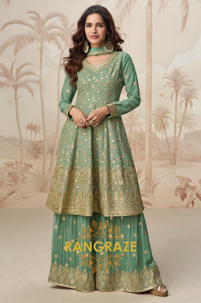 Green Embroidered Sharara Suit Set