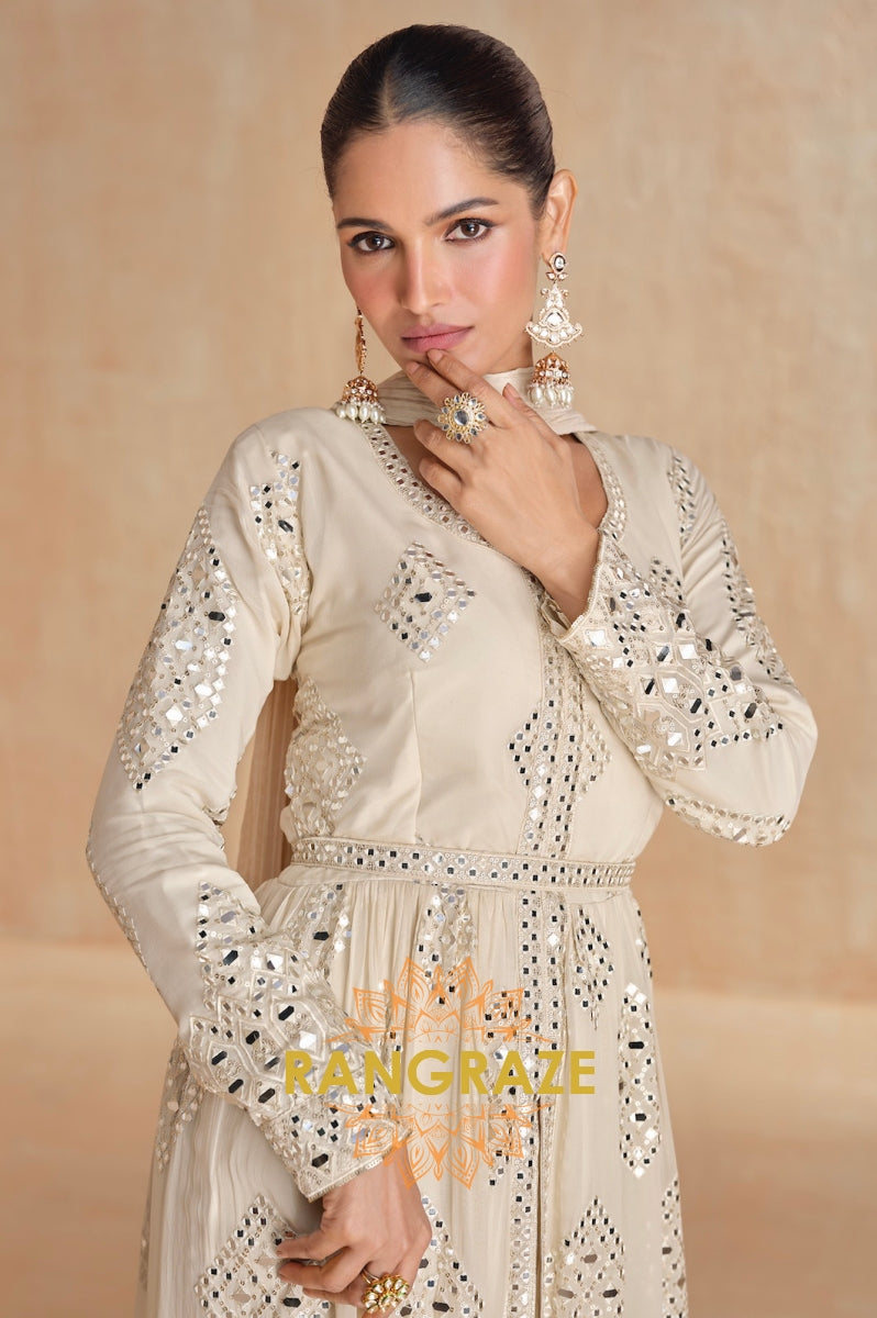 Ivory Mirror Work Slit Suit Set