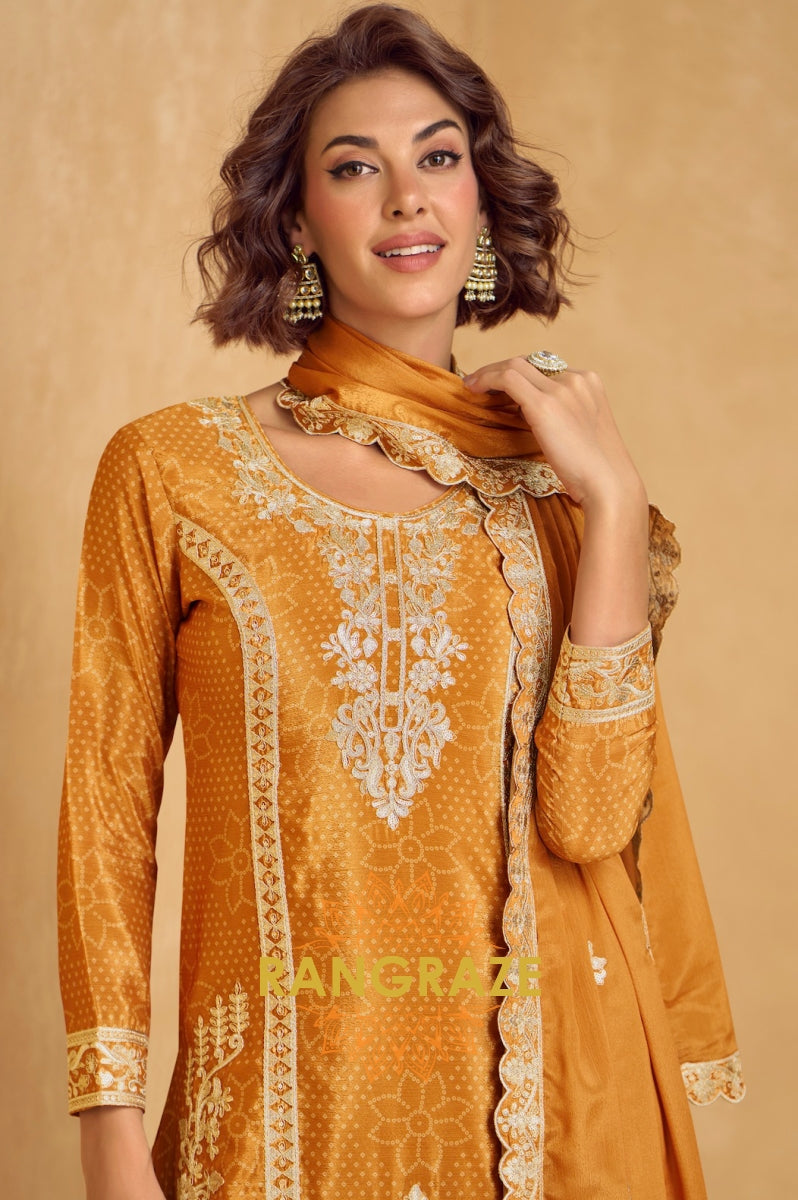Golden Radiance Embroidered Chinon Suit Set