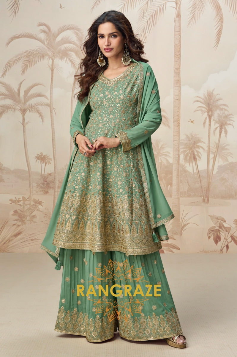 Green Embroidered Sharara Suit Set