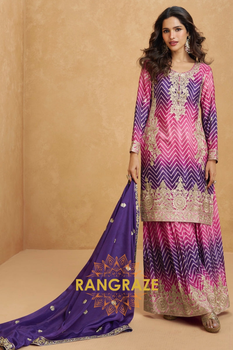 Violet Rose Gold Embroidered Sharara Suit Set