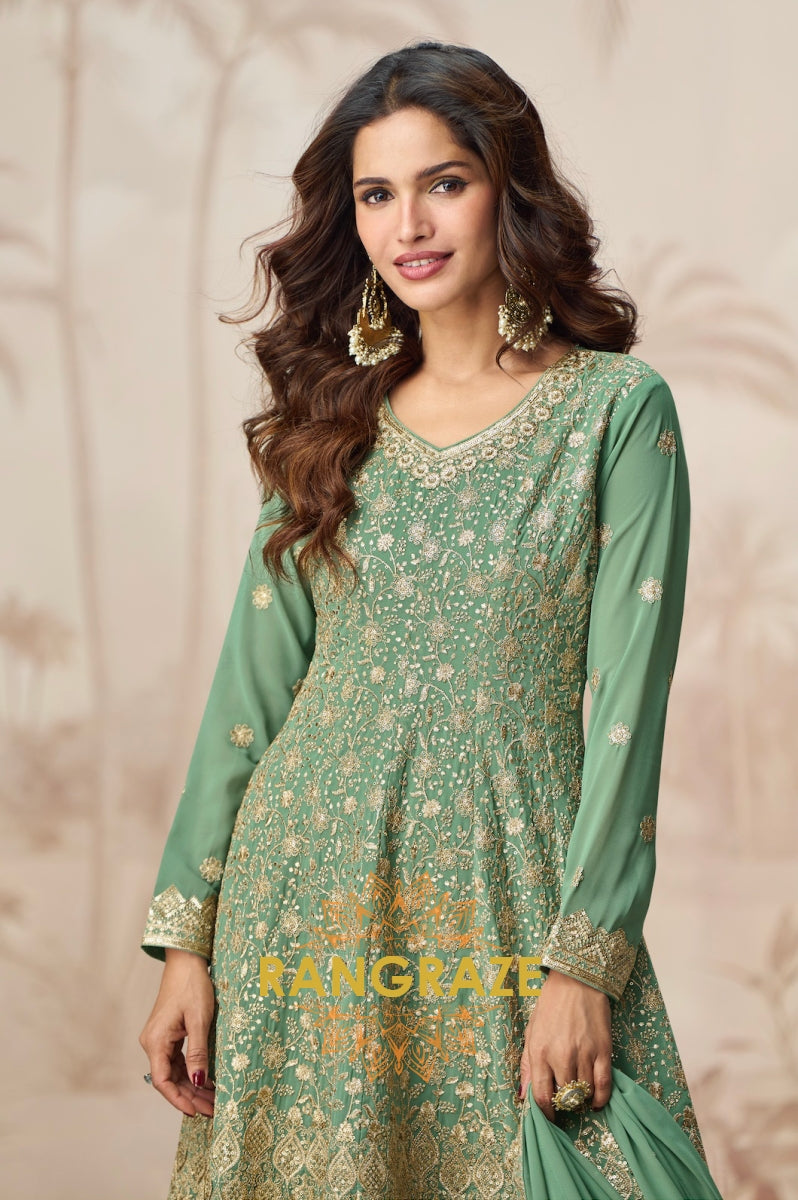 Green Embroidered Sharara Suit Set