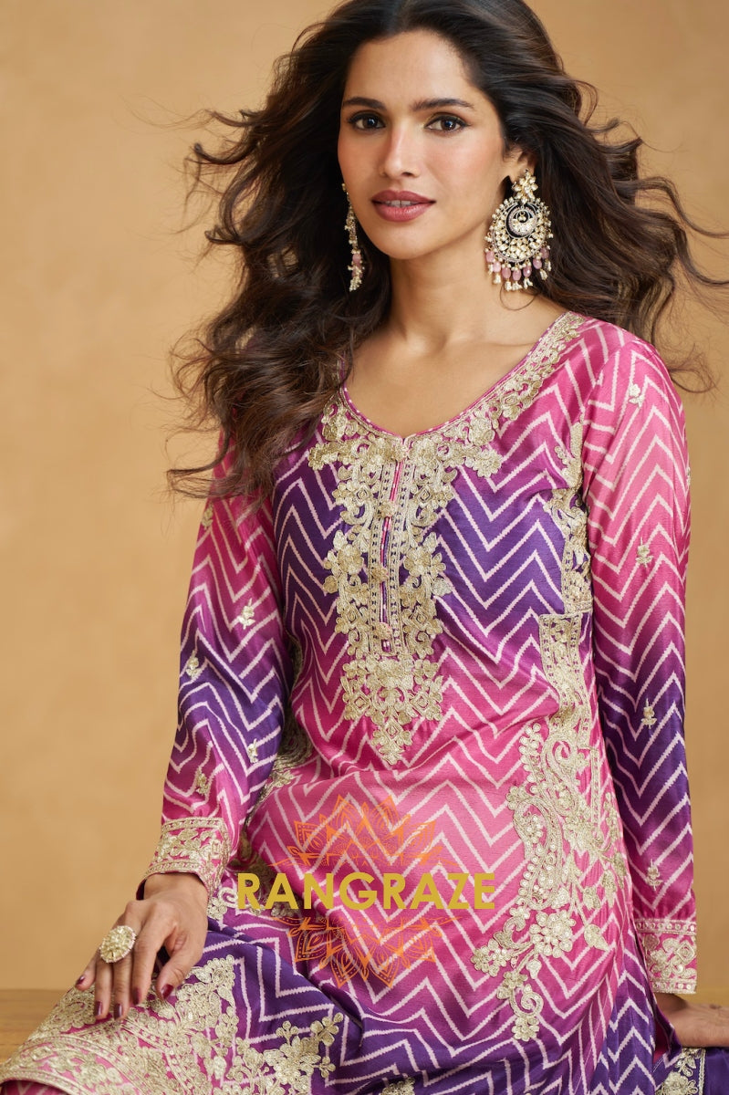 Violet Rose Gold Embroidered Sharara Suit Set