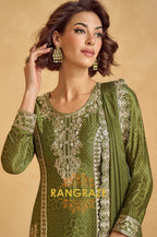 Olive Zari Embroidered Chinon Suit Set