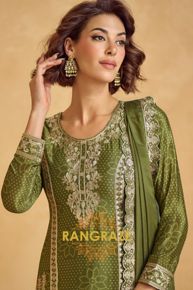 Olive Zari Embroidered Chinon Suit Set