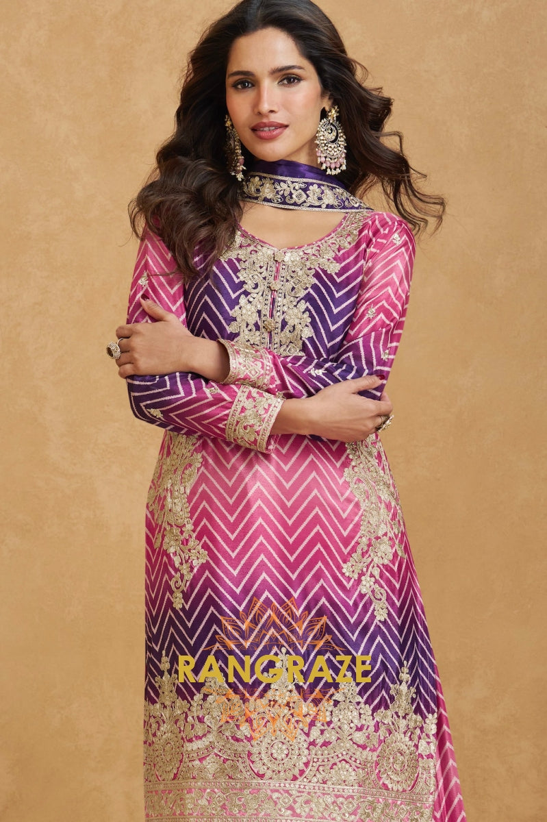 Violet Rose Gold Embroidered Sharara Suit Set