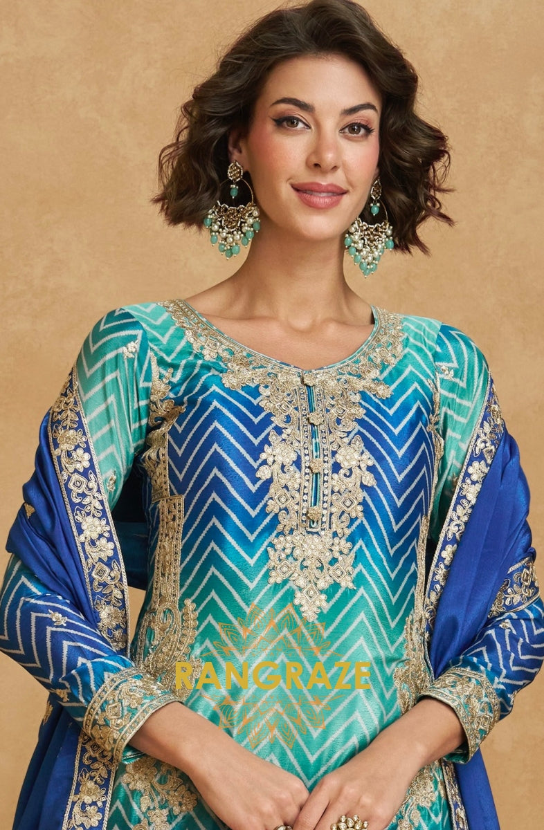 Blue & Green Chevron Embroidered Sharara Suit Set
