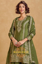 Olive Zari Embroidered Chinon Suit Set