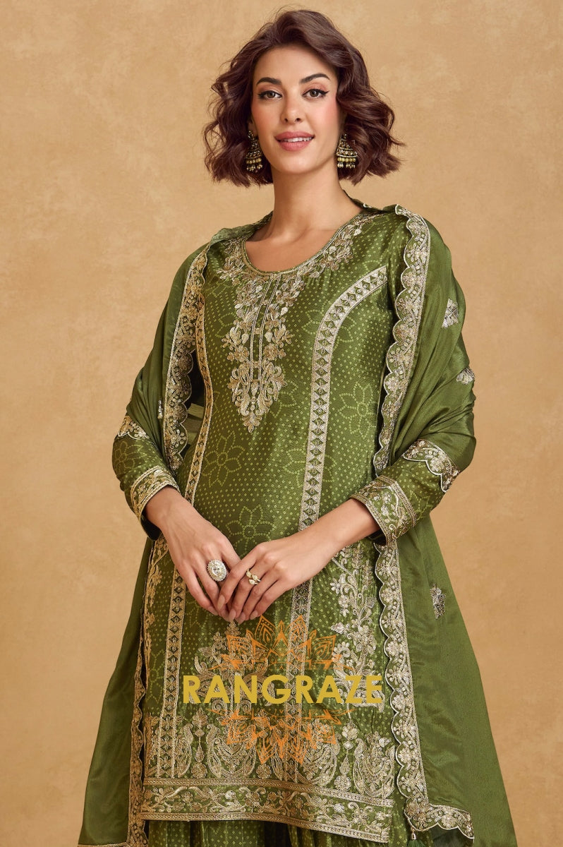 Olive Zari Embroidered Chinon Suit Set