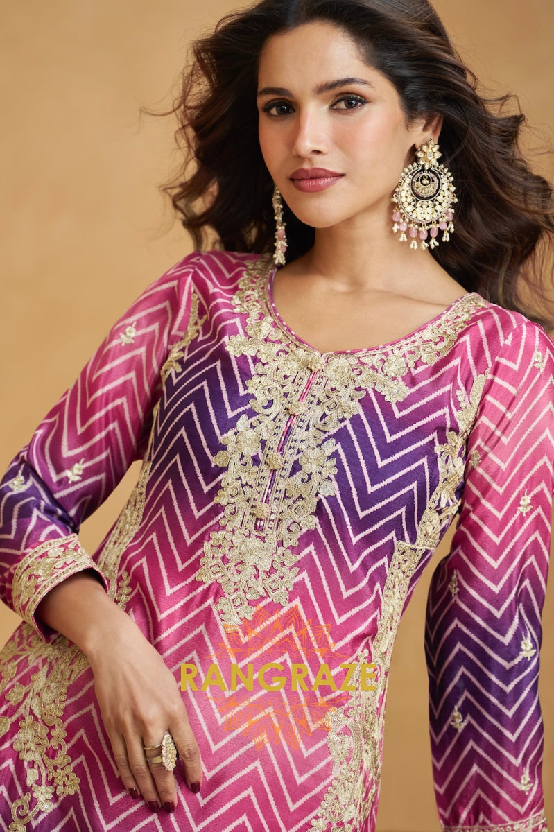 Violet Rose Gold Embroidered Sharara Suit Set