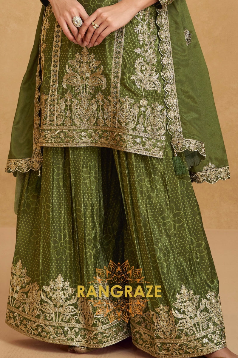 Olive Zari Embroidered Chinon Suit Set