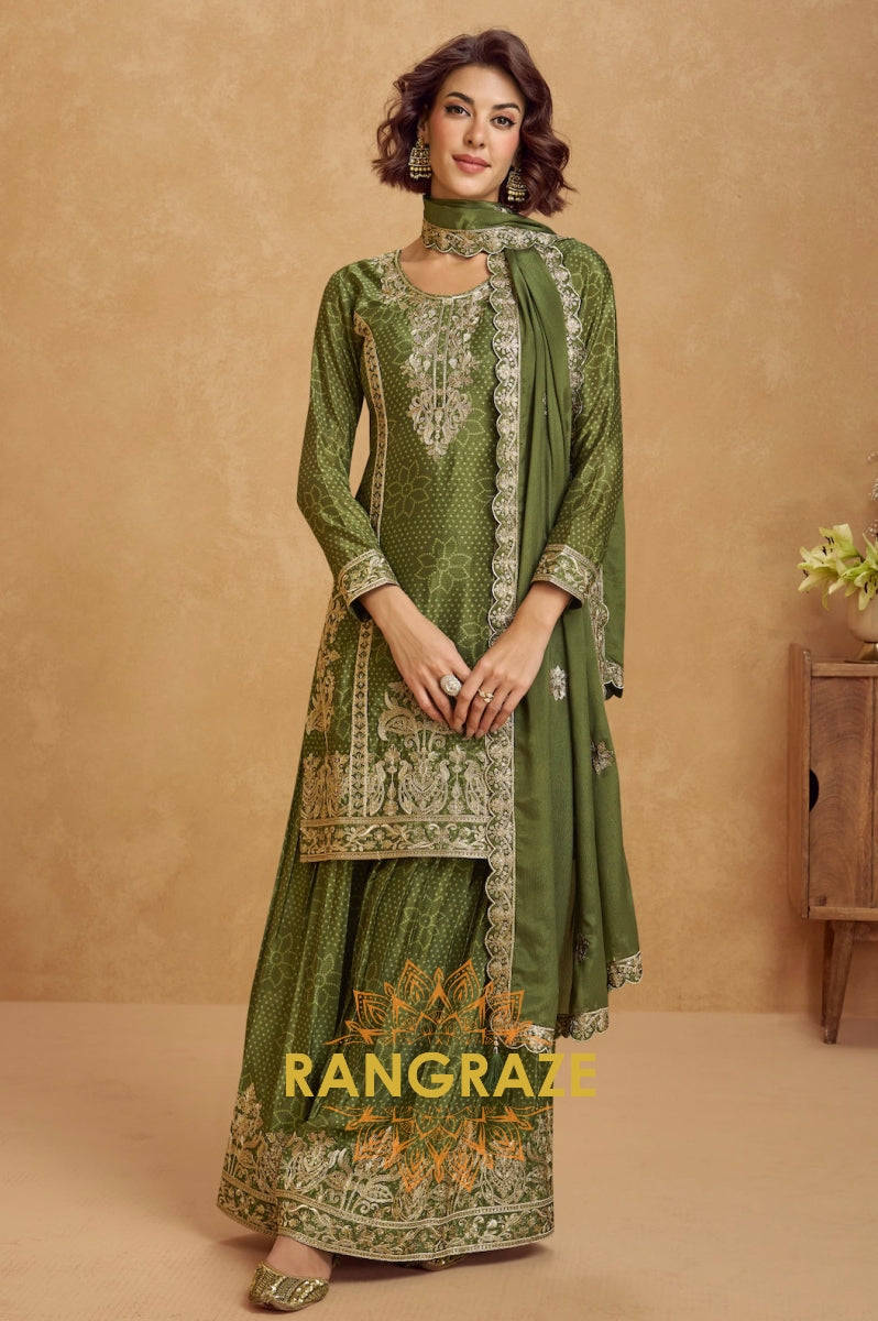 Olive Zari Embroidered Chinon Suit Set