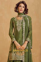 Olive Zari Embroidered Chinon Suit Set