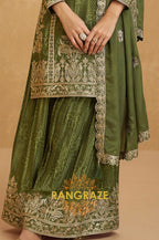 Olive Zari Embroidered Chinon Suit Set