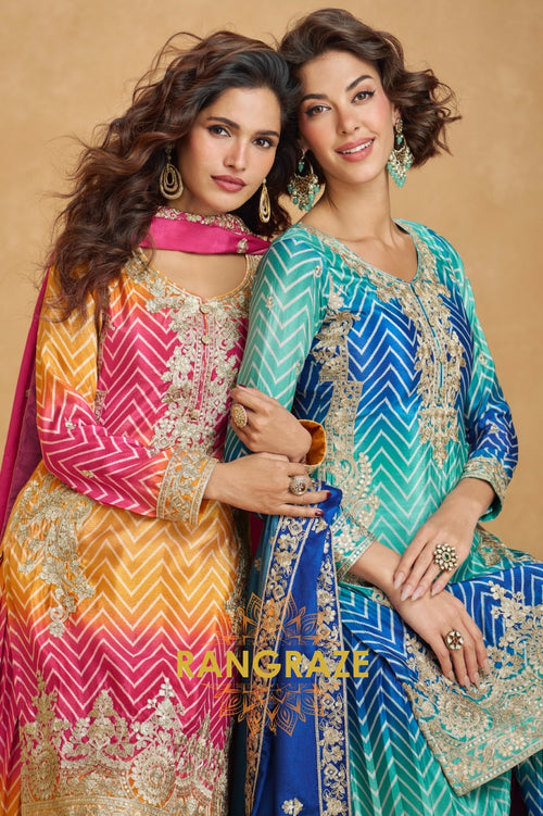 Blue & Green Chevron Embroidered Sharara Suit Set