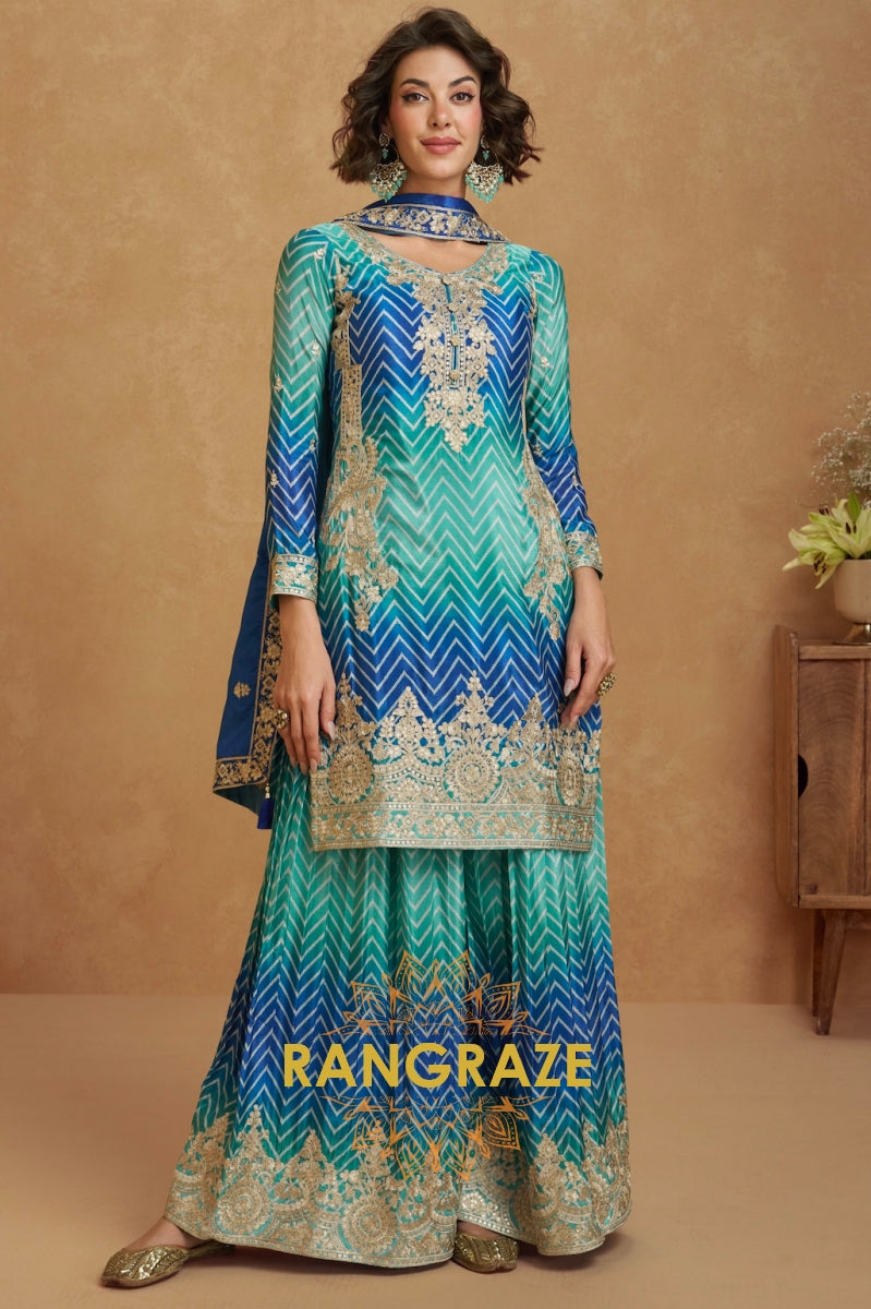 Blue & Green Chevron Embroidered Sharara Suit Set