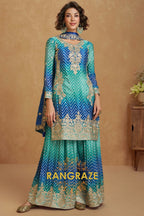 Blue & Green Chevron Embroidered Sharara Suit Set