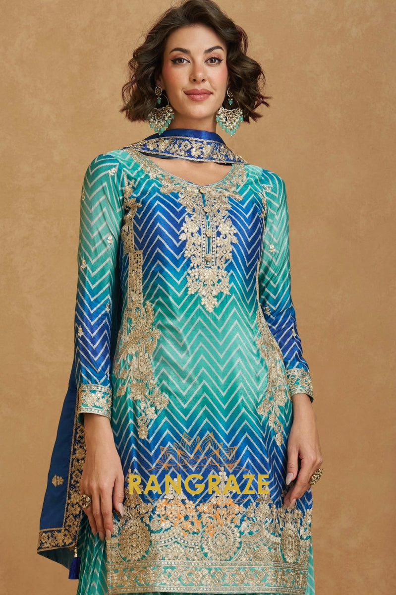 Blue & Green Chevron Embroidered Sharara Suit Set