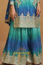 Blue & Green Chevron Embroidered Sharara Suit Set