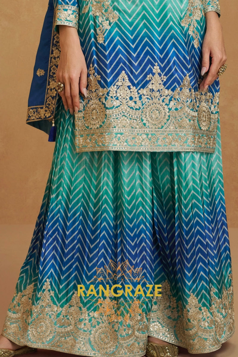 Blue & Green Chevron Embroidered Sharara Suit Set