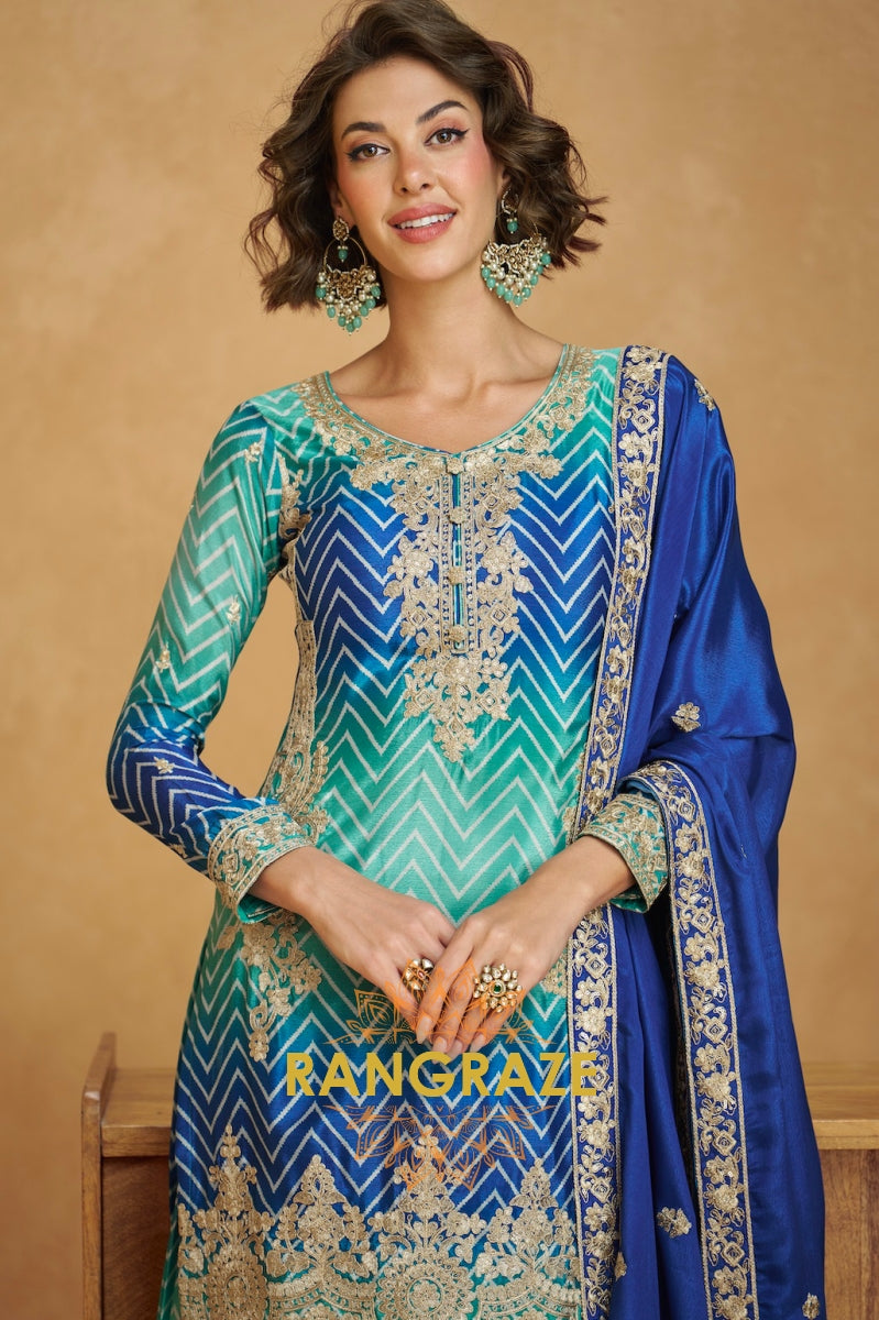 Blue & Green Chevron Embroidered Sharara Suit Set
