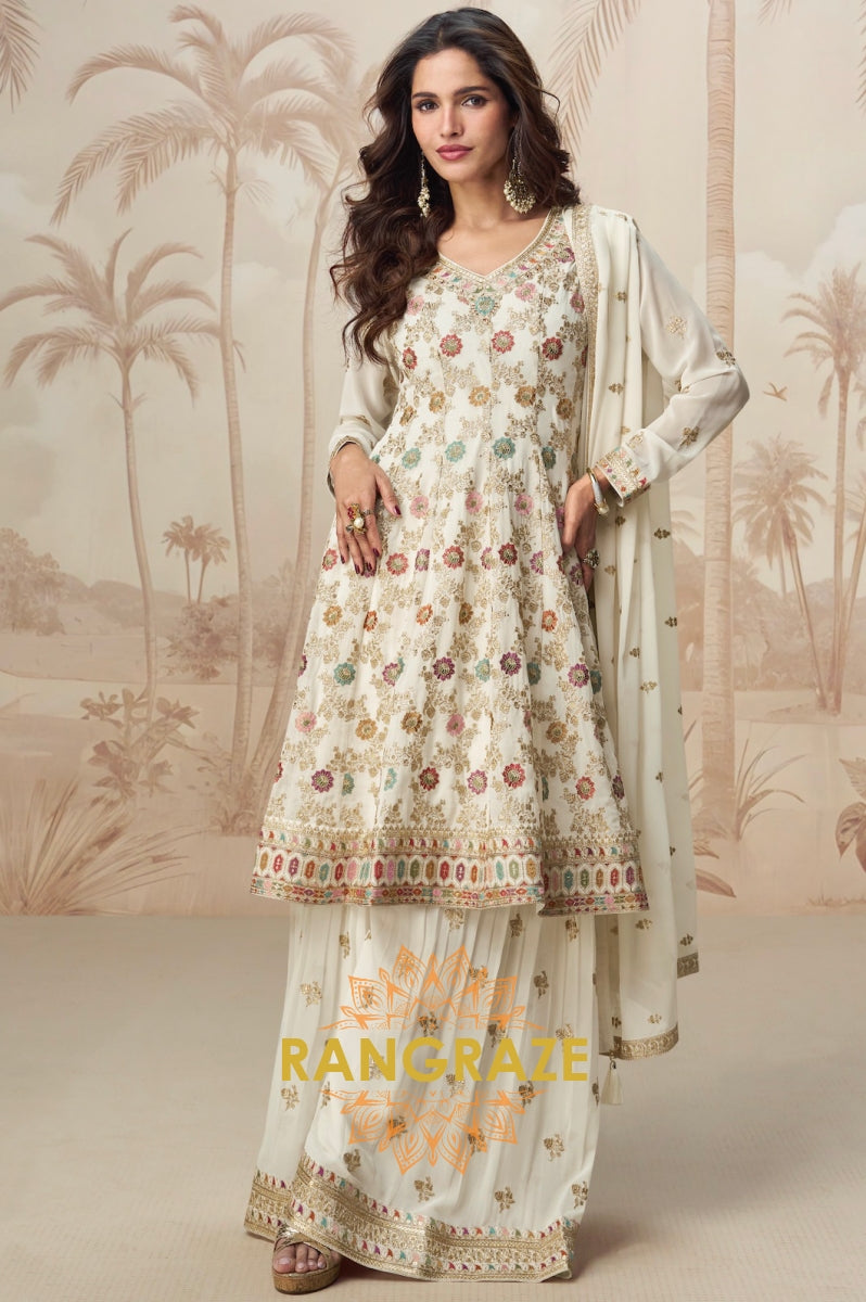 Ivory Multicolor Embroidered Sharara Suit Set