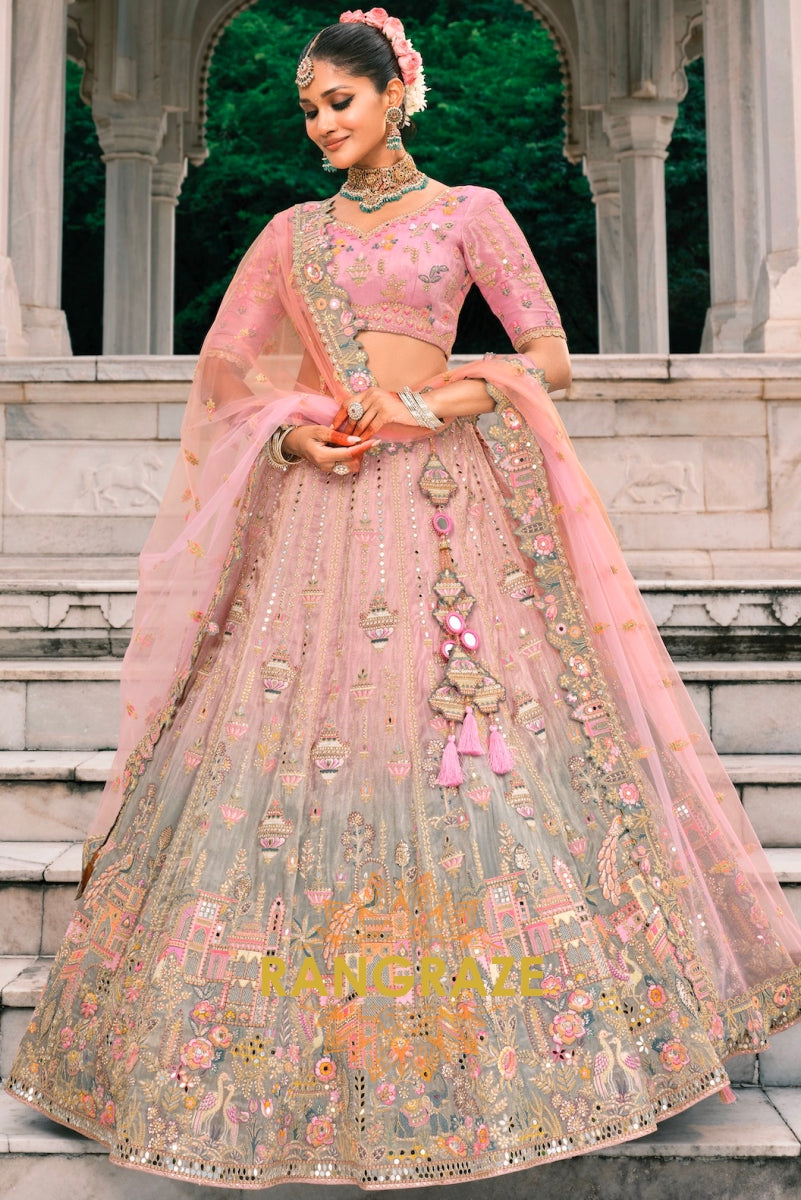 Blush Orchid Pastel Pink & Sage Embroidered Bridal Lehenga – A Dream of Subtle Elegance