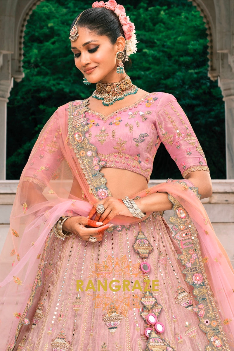 Blush Orchid Pastel Pink & Sage Embroidered Bridal Lehenga – A Dream of Subtle Elegance