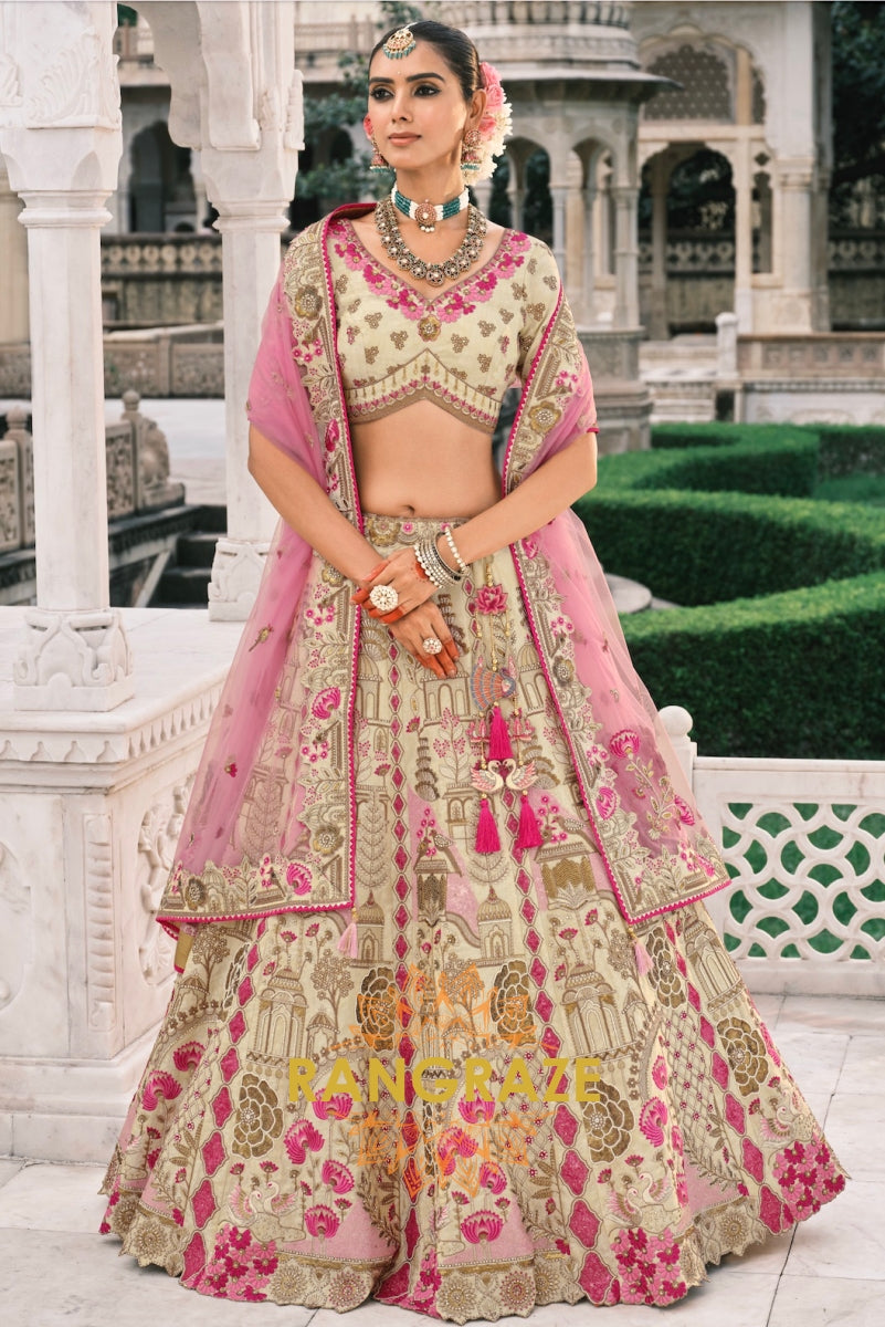 Ivory Blush Elegance – Silk Lehenga with Pink Embroidered Dupatta